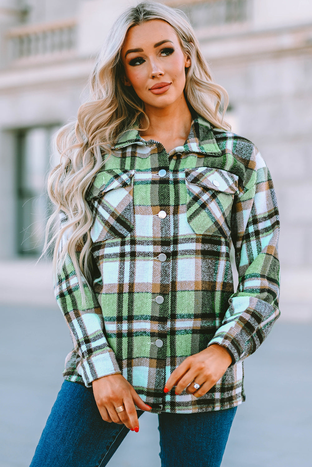 Plaid Pocketed Button Down Shacket Trendsi
