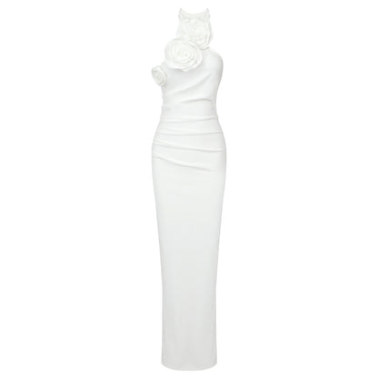 Wooden Ear Shoulder White Bandage One-piece Dress Aclosy