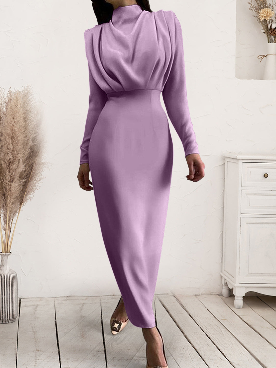 Ruched Turtleneck Long Sleeve Dress Trendsi