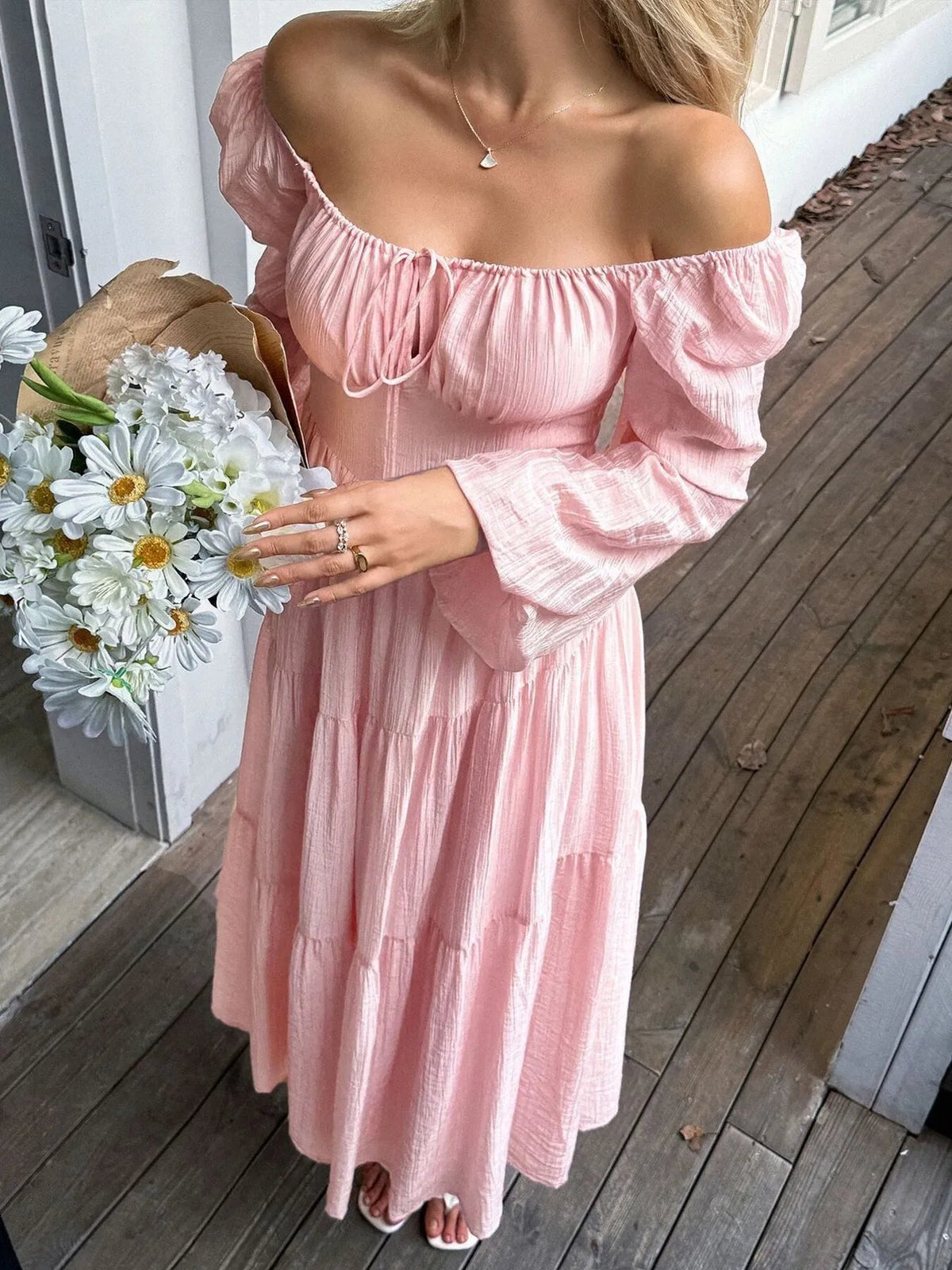 Tiered Balloon Sleeve Midi Dress