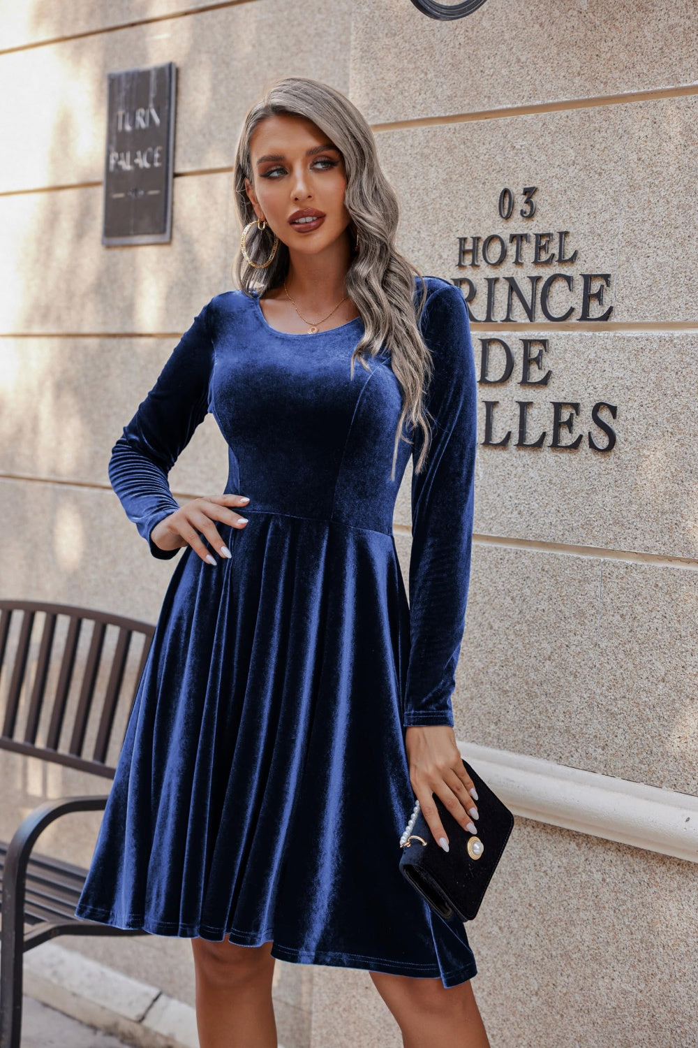 Round Neck Long Sleeve Knee Length Dress Trendsi