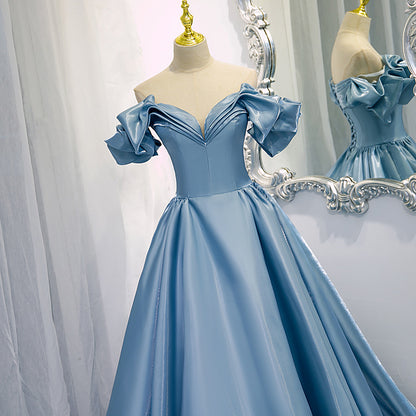 Women's Blue Satin Long French One-shoulder Costume Aclosy