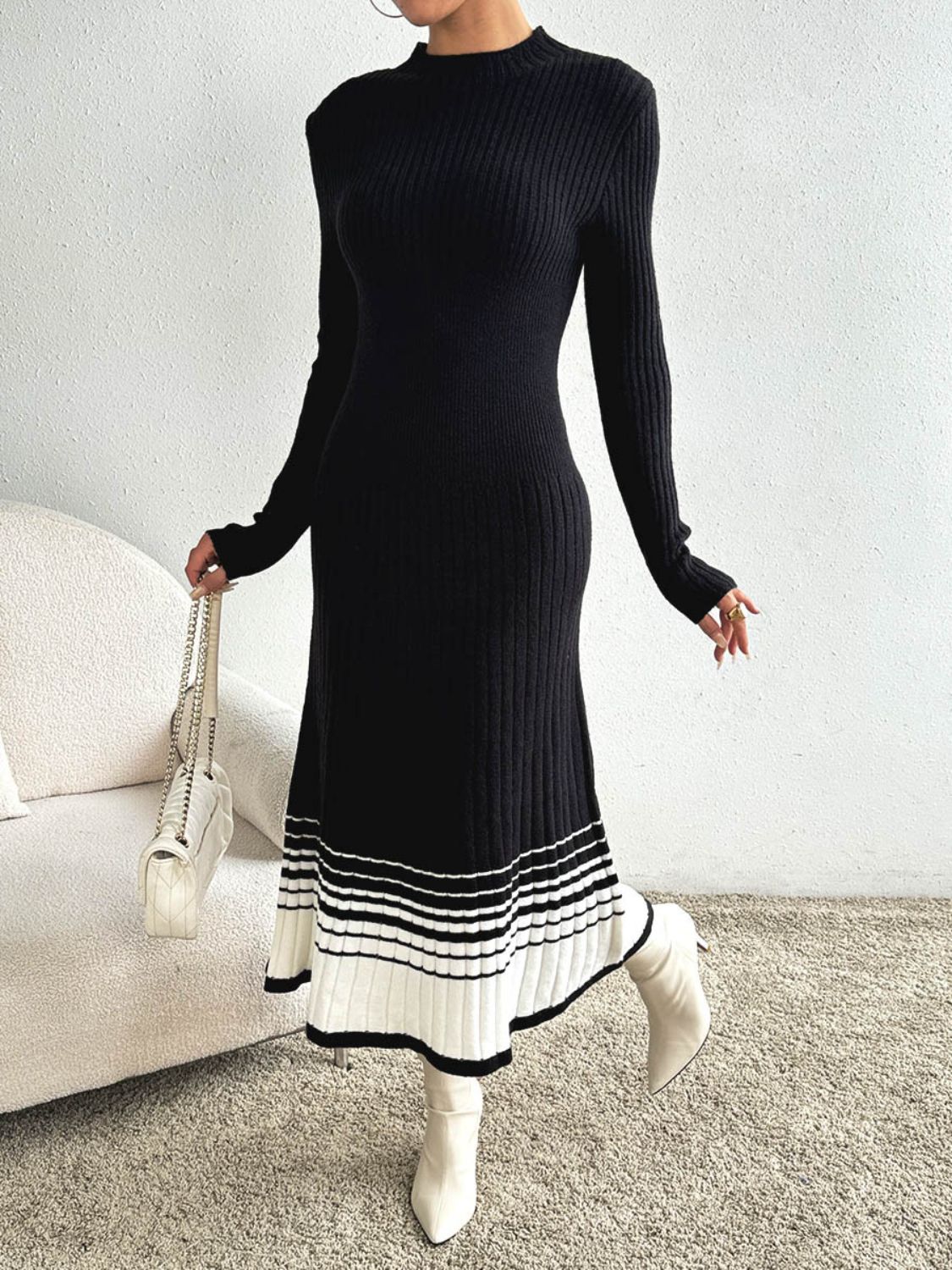 Contrast Mock Neck Long Sleeve Sweater Dress Trendsi