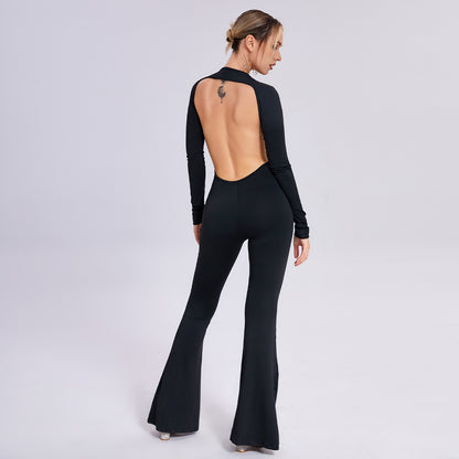 Long-sleeved Open-back Slim-fit Straight-leg Jumpsuit aclosy