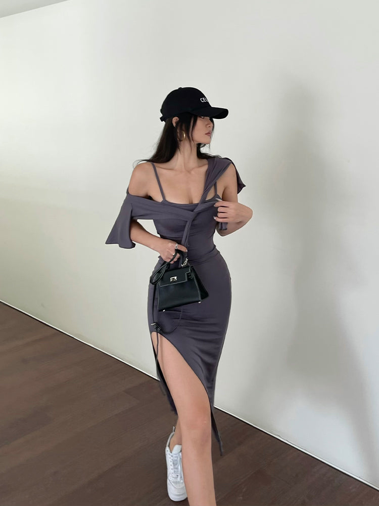 Black Word-neck Suspender Dress With Feminine Waist aclosy