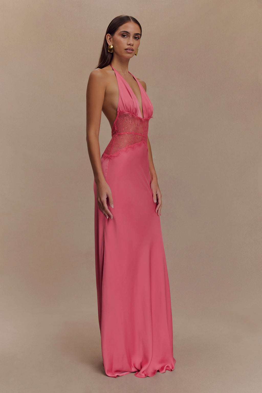 Aesha Backless Halter Dress with Deep V Neck, Satin Patchwork