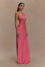 Aesha Backless Halter Dress with Deep V Neck, Satin Patchwork