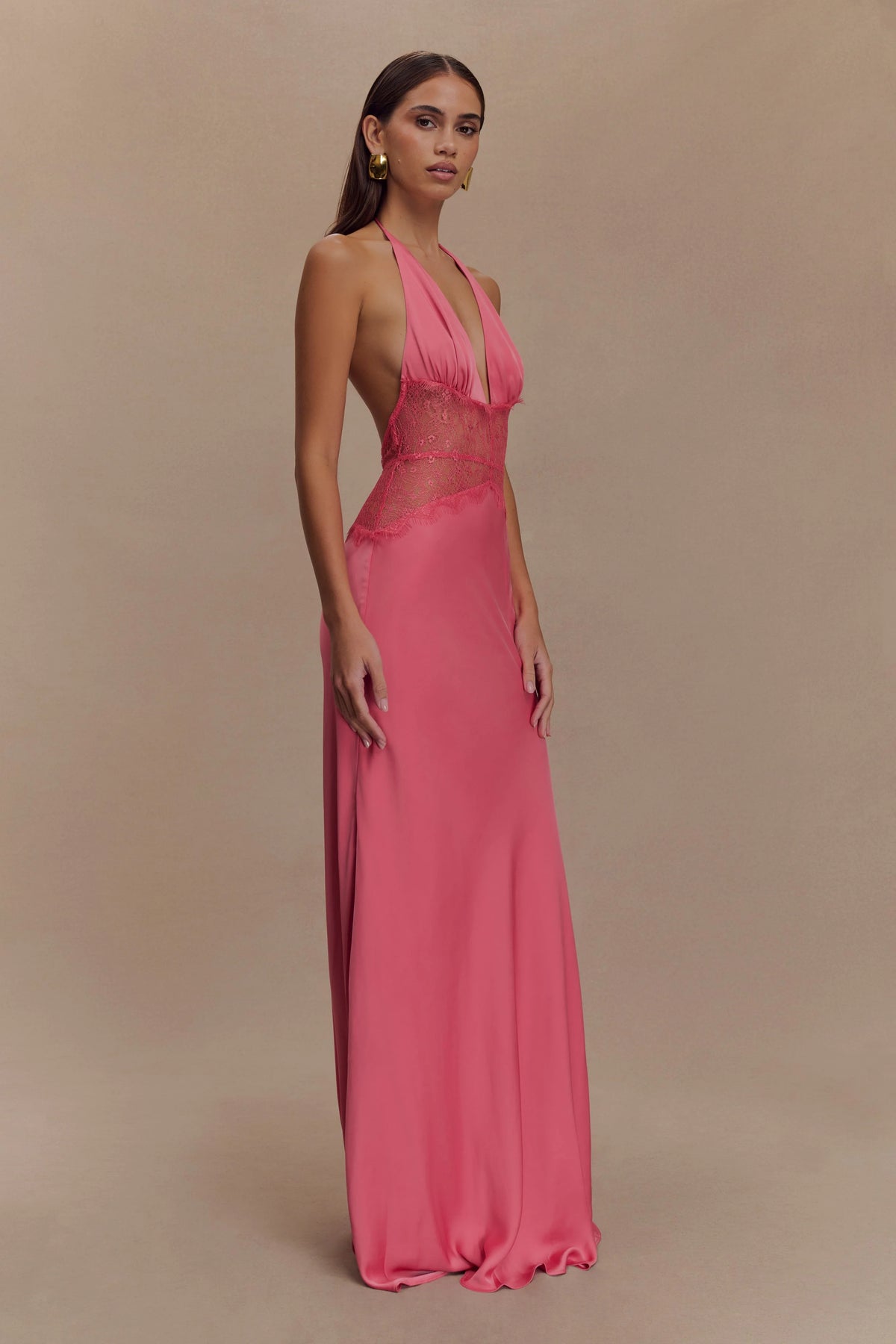 Aesha Backless Halter Dress with Deep V Neck, Satin Patchwork