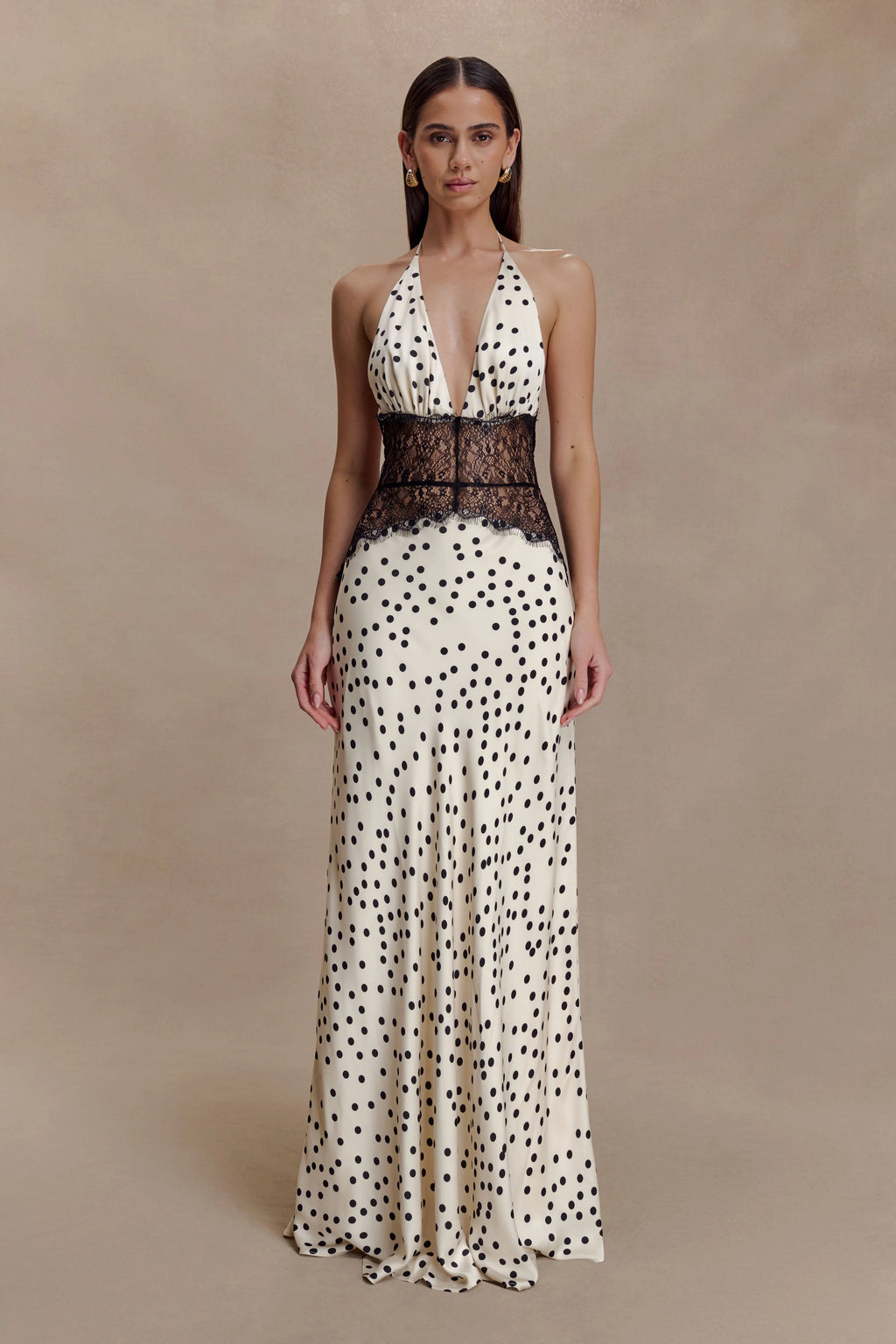 Aesha Backless Halter Dress with Deep V Neck, Satin Patchwork