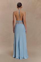 Aesha Backless Halter Dress with Deep V Neck, Satin Patchwork