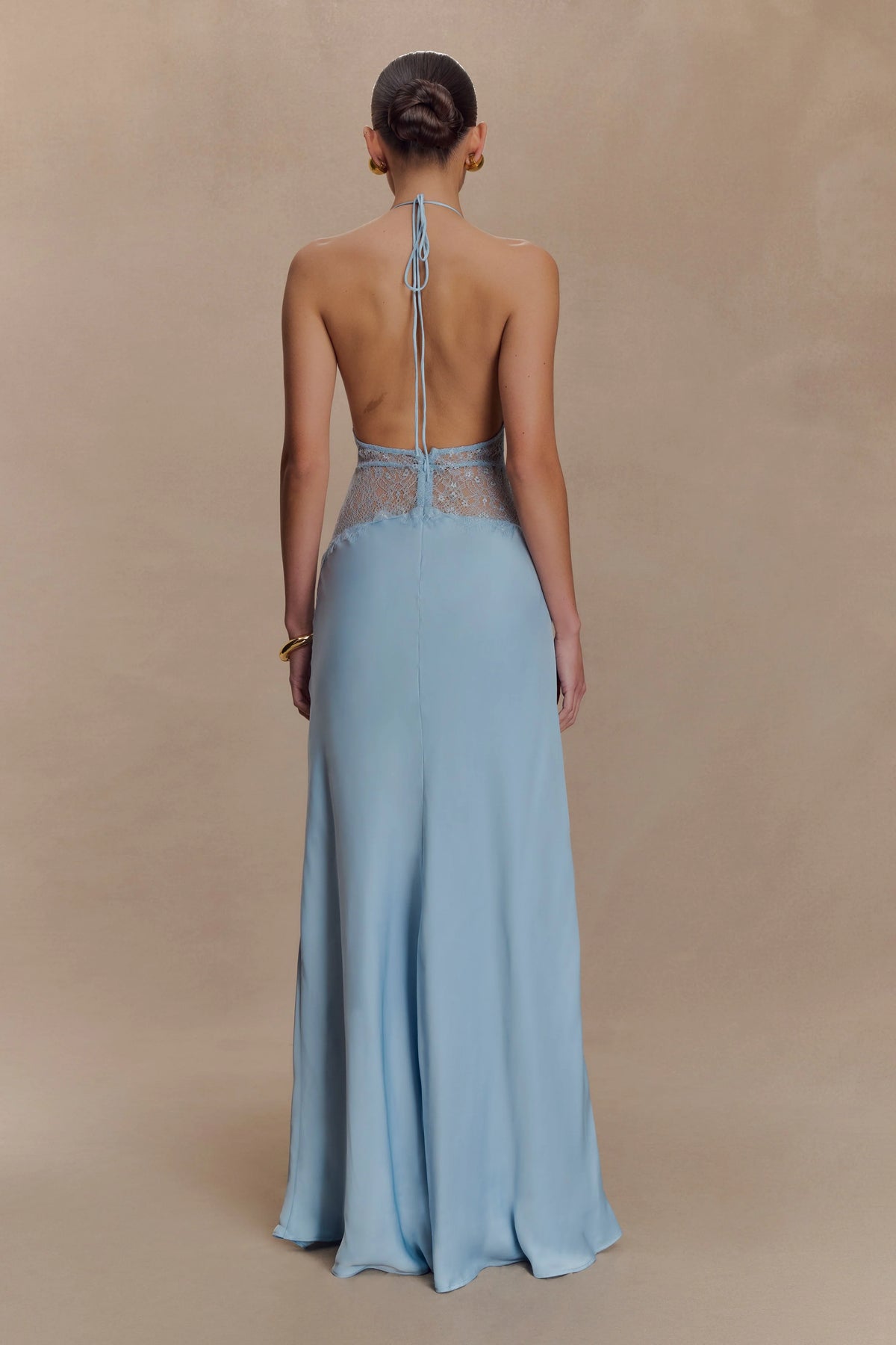 Aesha Backless Halter Dress with Deep V Neck, Satin Patchwork