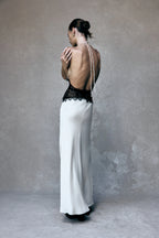 Aesha Backless Halter Dress with Deep V Neck, Satin Patchwork