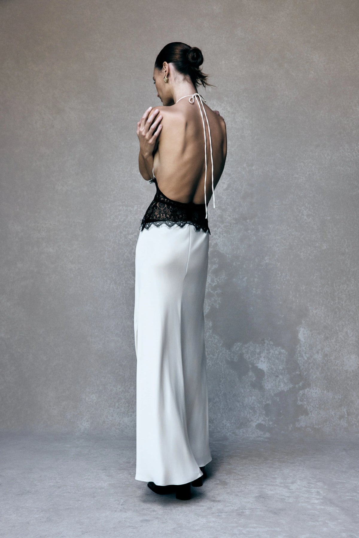 Aesha Backless Halter Dress with Deep V Neck, Satin Patchwork