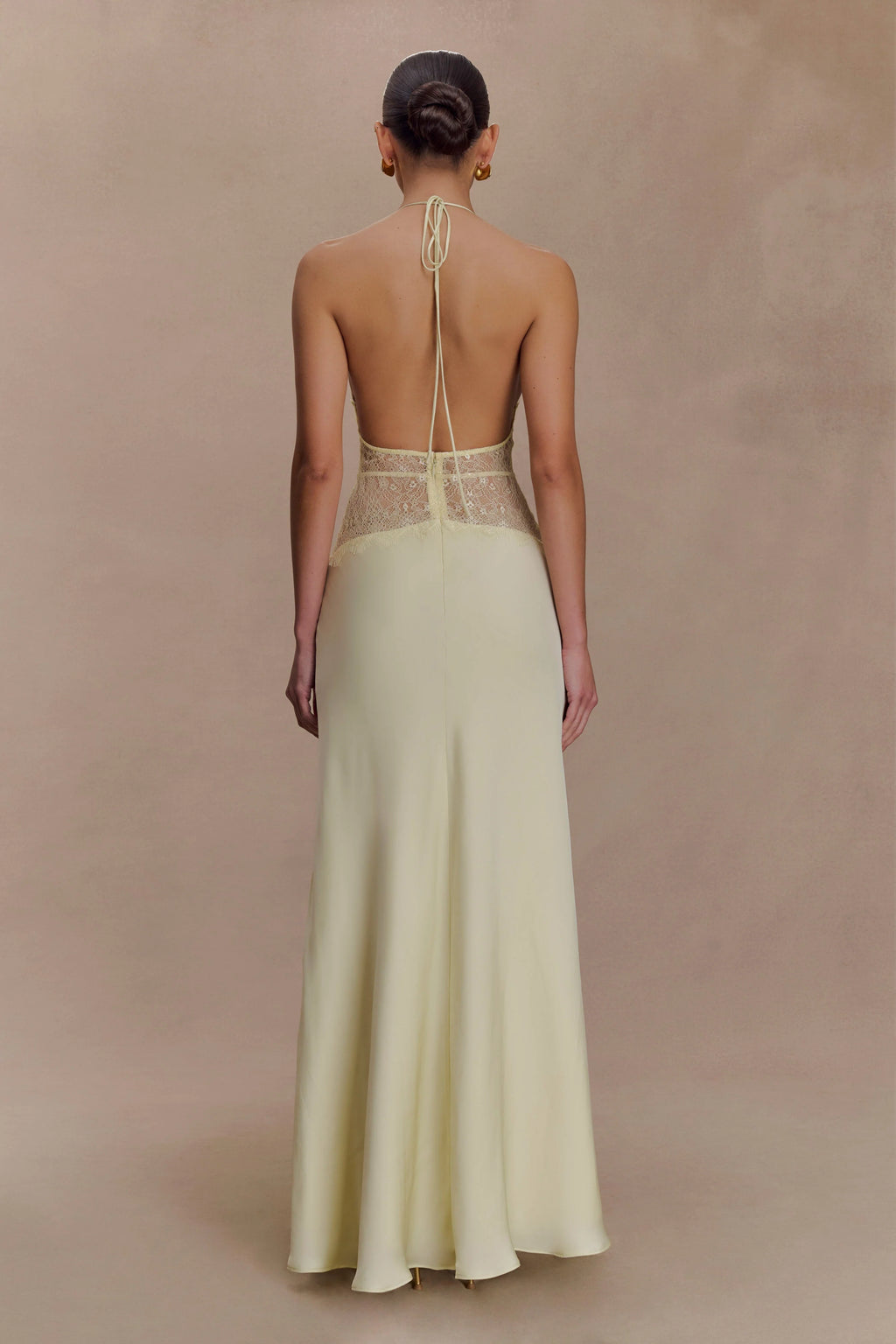 Aesha Backless Halter Dress with Deep V Neck, Satin Patchwork