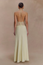 Aesha Backless Halter Dress with Deep V Neck, Satin Patchwork