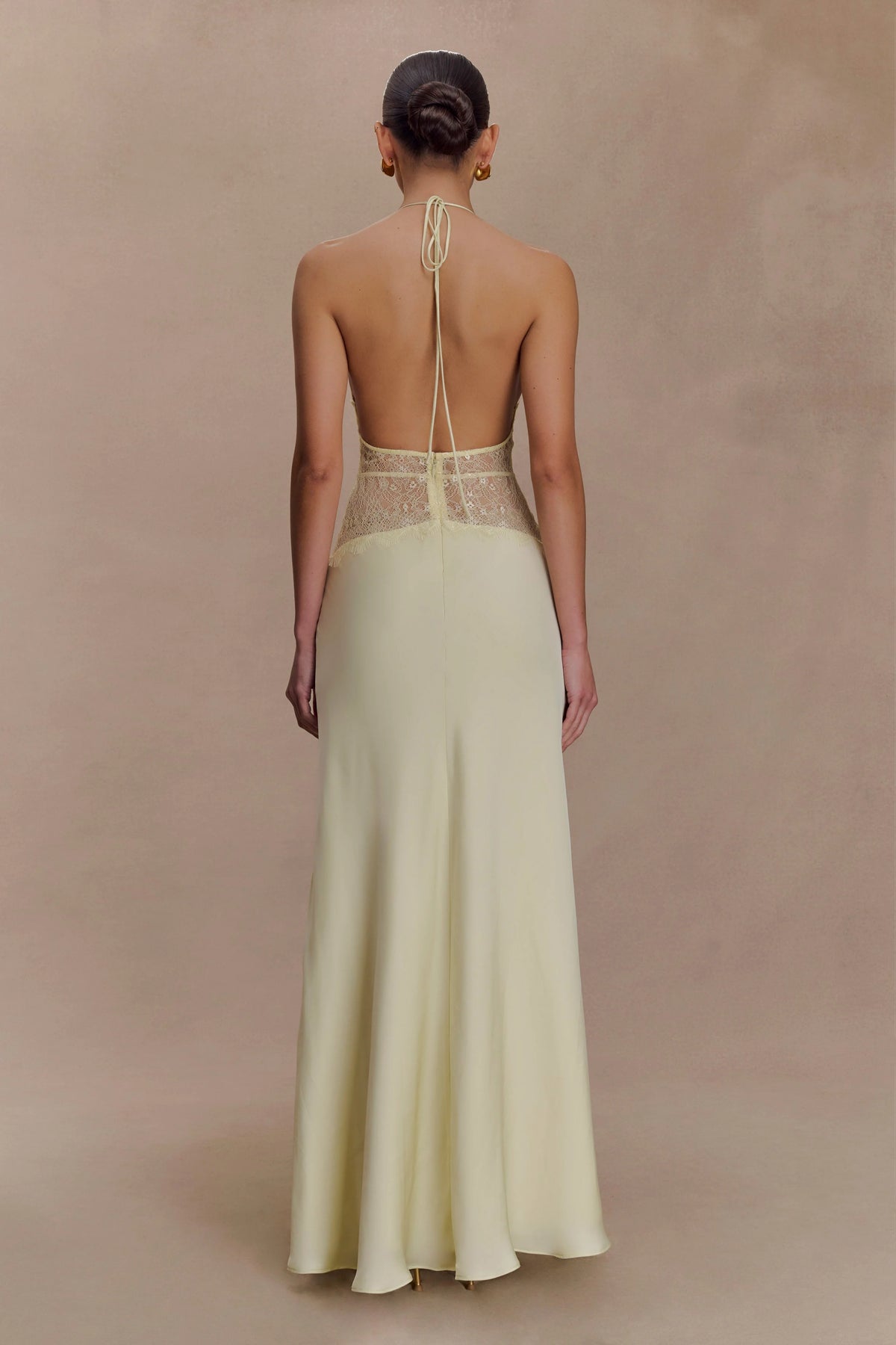 Aesha Backless Halter Dress with Deep V Neck, Satin Patchwork