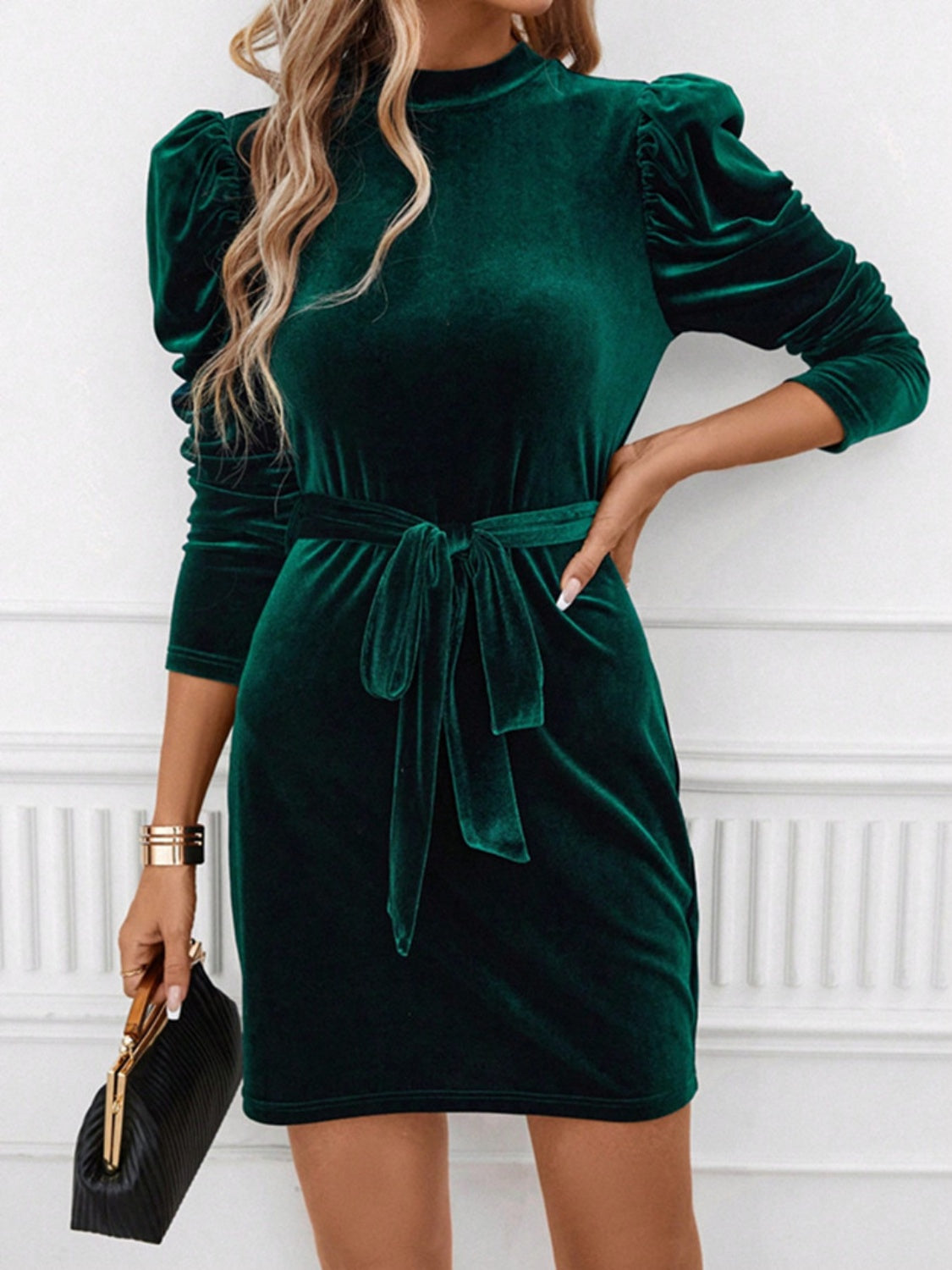 Mock Neck Tie Waist Puff Sleeve Mini Dress Trendsi