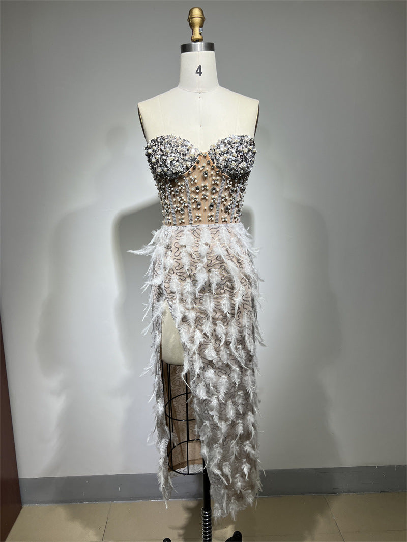 Gorgeous Feather Rhinestone Beaded See-through High Slit Tube Top Dress Aclosy