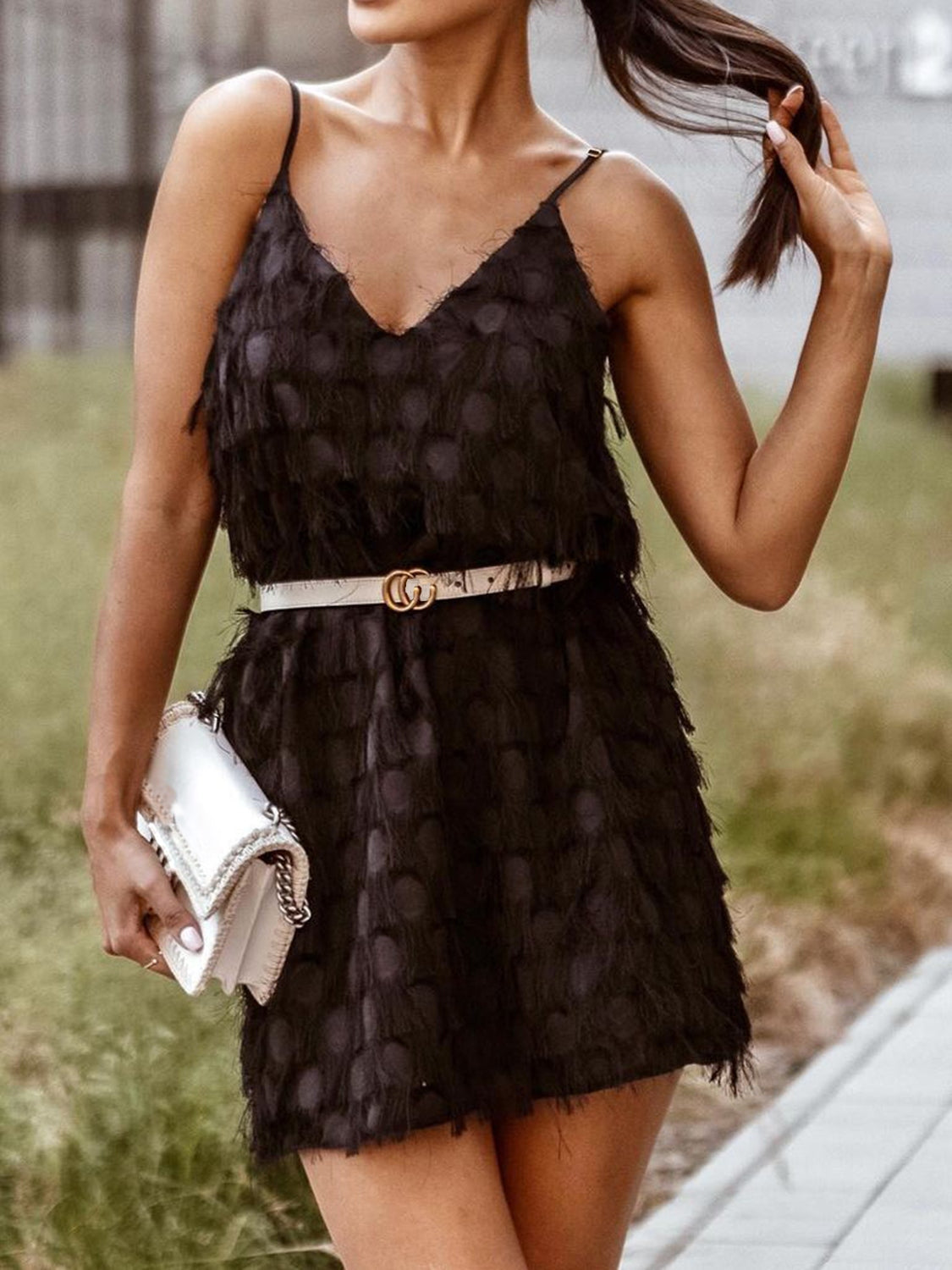 Fringe V-Neck Mini Cami Dress Trendsi