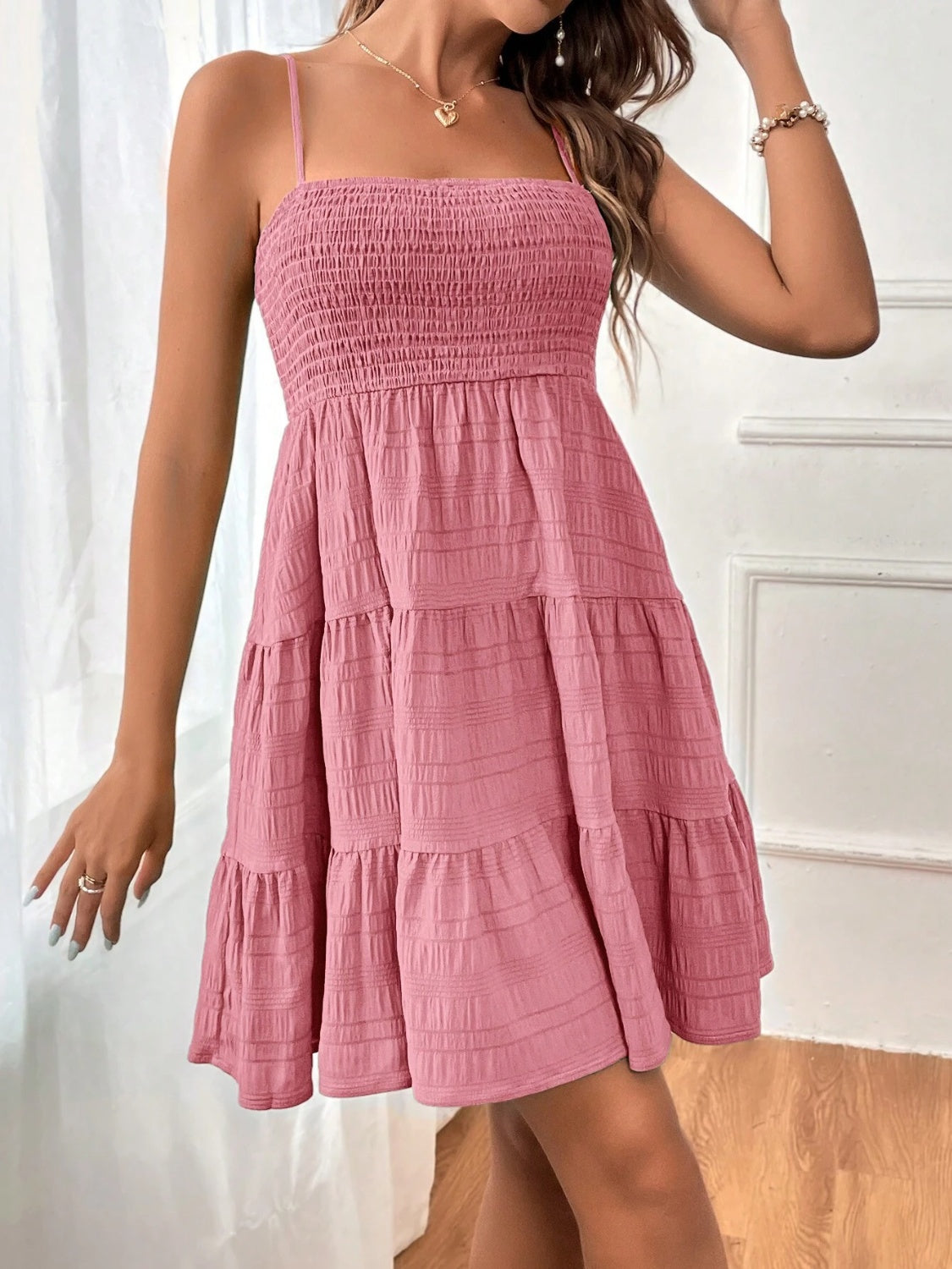 Smocked Tiered Sleeveless Mini Dress Trendsi