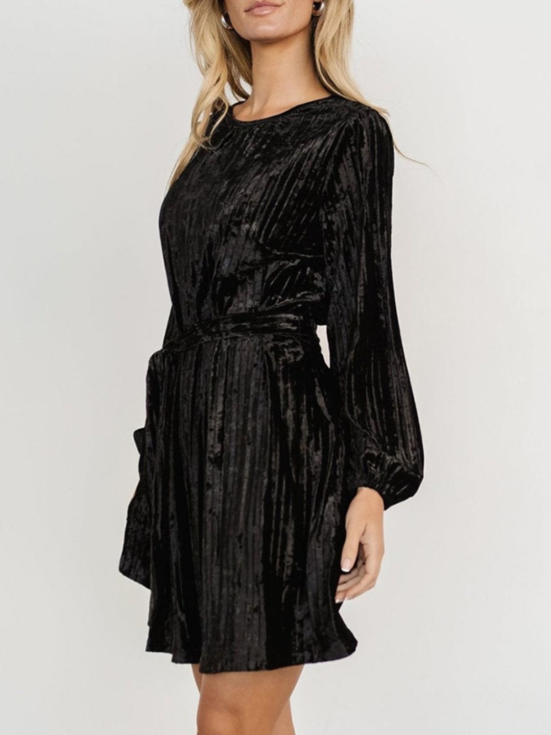 Velvet Round Neck Tie Waist Long Sleeve Mini Dress Trendsi