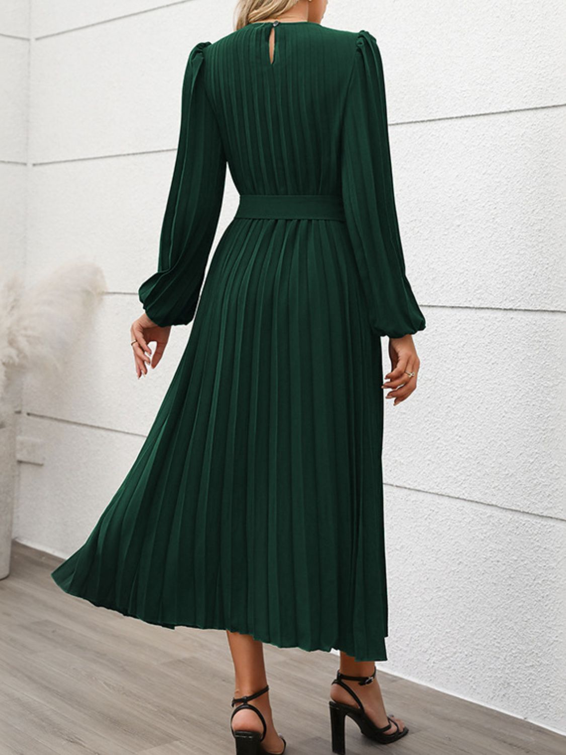 Perfee Pleated Round Neck Long Sleeve Midi Dress Trendsi