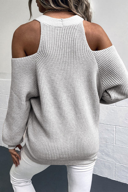 Cold Shoulder Plunge Neck Ribbed Cardigan Trendsi