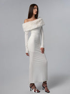 New Off-shoulder Shoulder-baring Tight Waist Sheath Long Sleeve Knitted Dress Aclosy