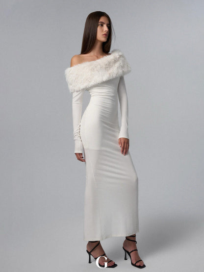 New Off-shoulder Shoulder-baring Tight Waist Sheath Long Sleeve Knitted Dress Aclosy