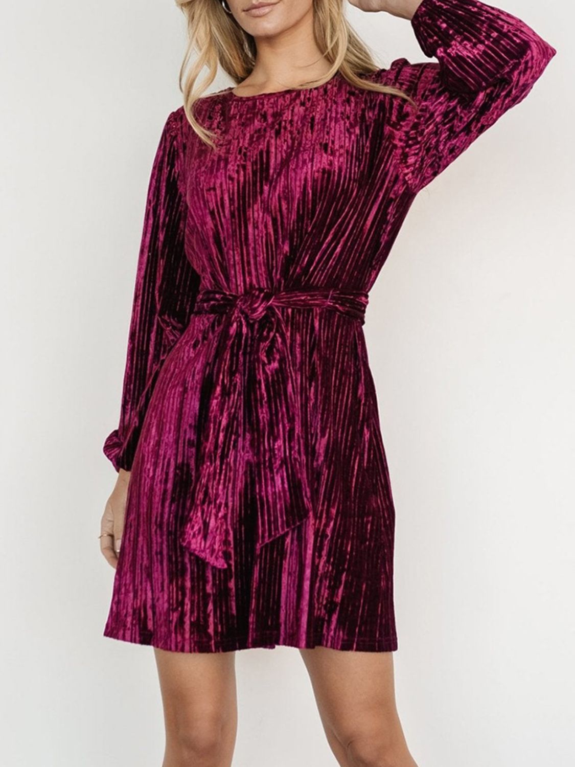 Velvet Round Neck Tie Waist Long Sleeve Mini Dress Trendsi