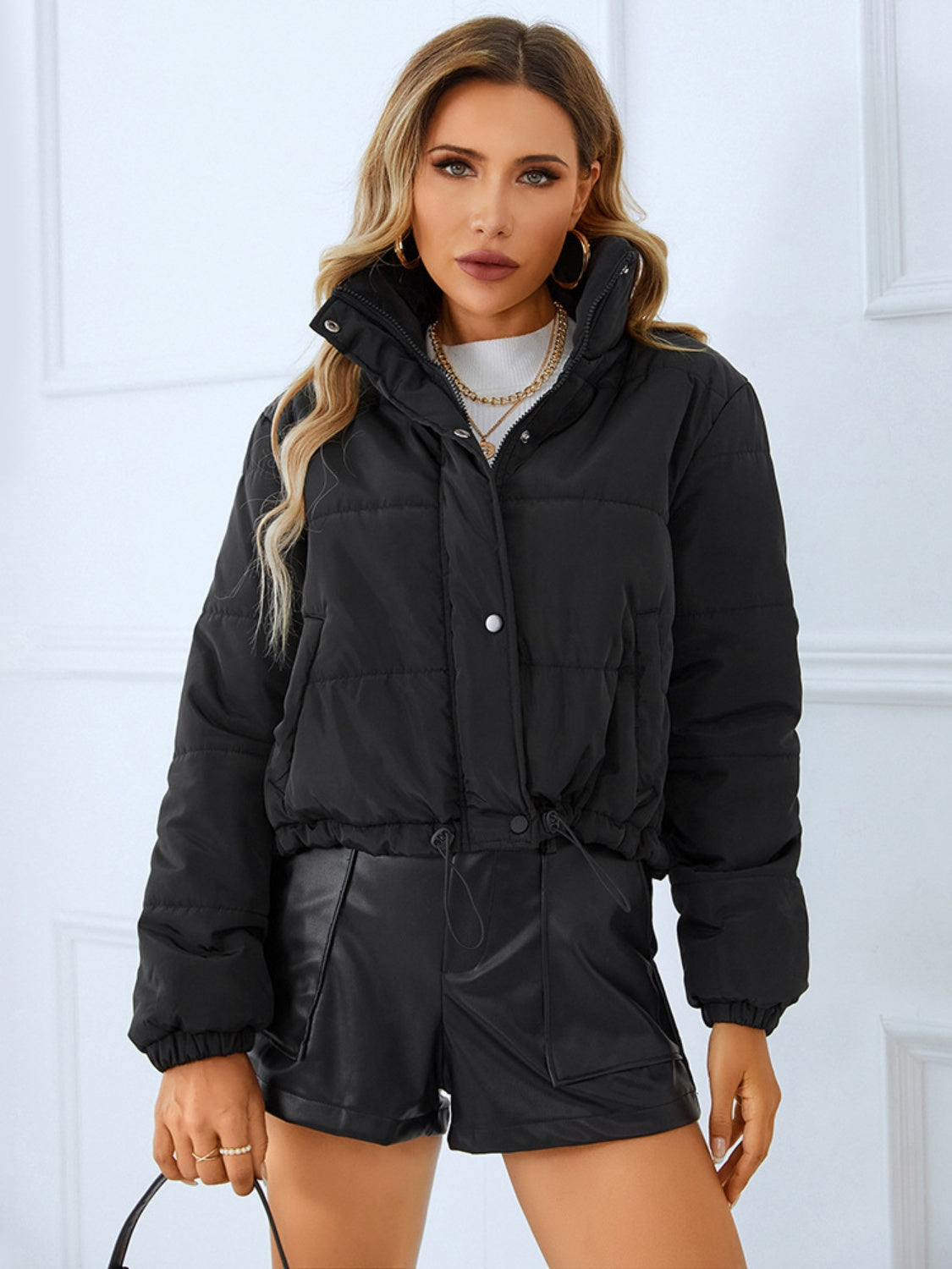 Snap and Zip Closure Drawstring Cropped Winter Coat Trendsi