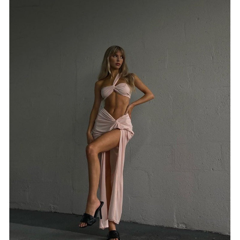 Temperament Elastic Tube Top Irregular Top + Twisted Slit High Waist Skirt Suit Y aclosy