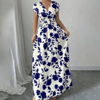 Women's Wrap V Neck Short Sleeve Empire Elastic Waist Summer Casual Elegant Maxi Long Dresses Aclosy