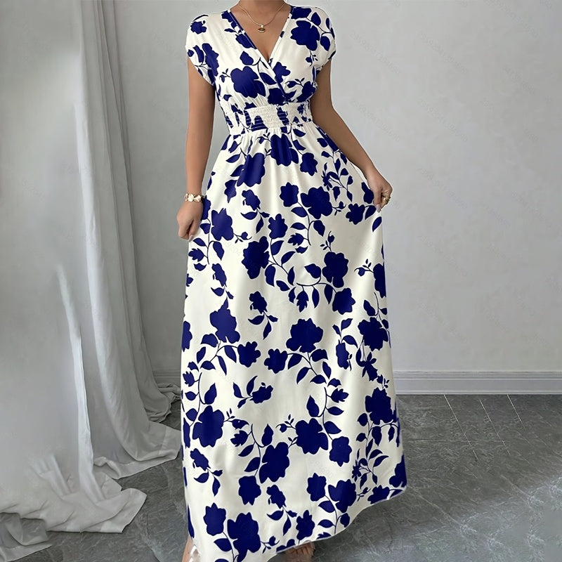 Women's Wrap V Neck Short Sleeve Empire Elastic Waist Summer Casual Elegant Maxi Long Dresses Aclosy