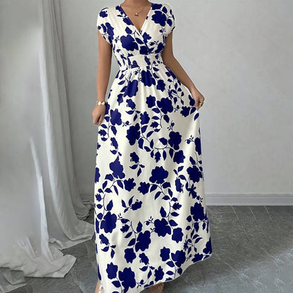 Women's Wrap V Neck Short Sleeve Empire Elastic Waist Summer Casual Elegant Maxi Long Dresses Aclosy