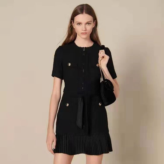 Fragrant Wind Woolen Pleated Stitching Skirt Short-sleeved Black Dress Aclosy