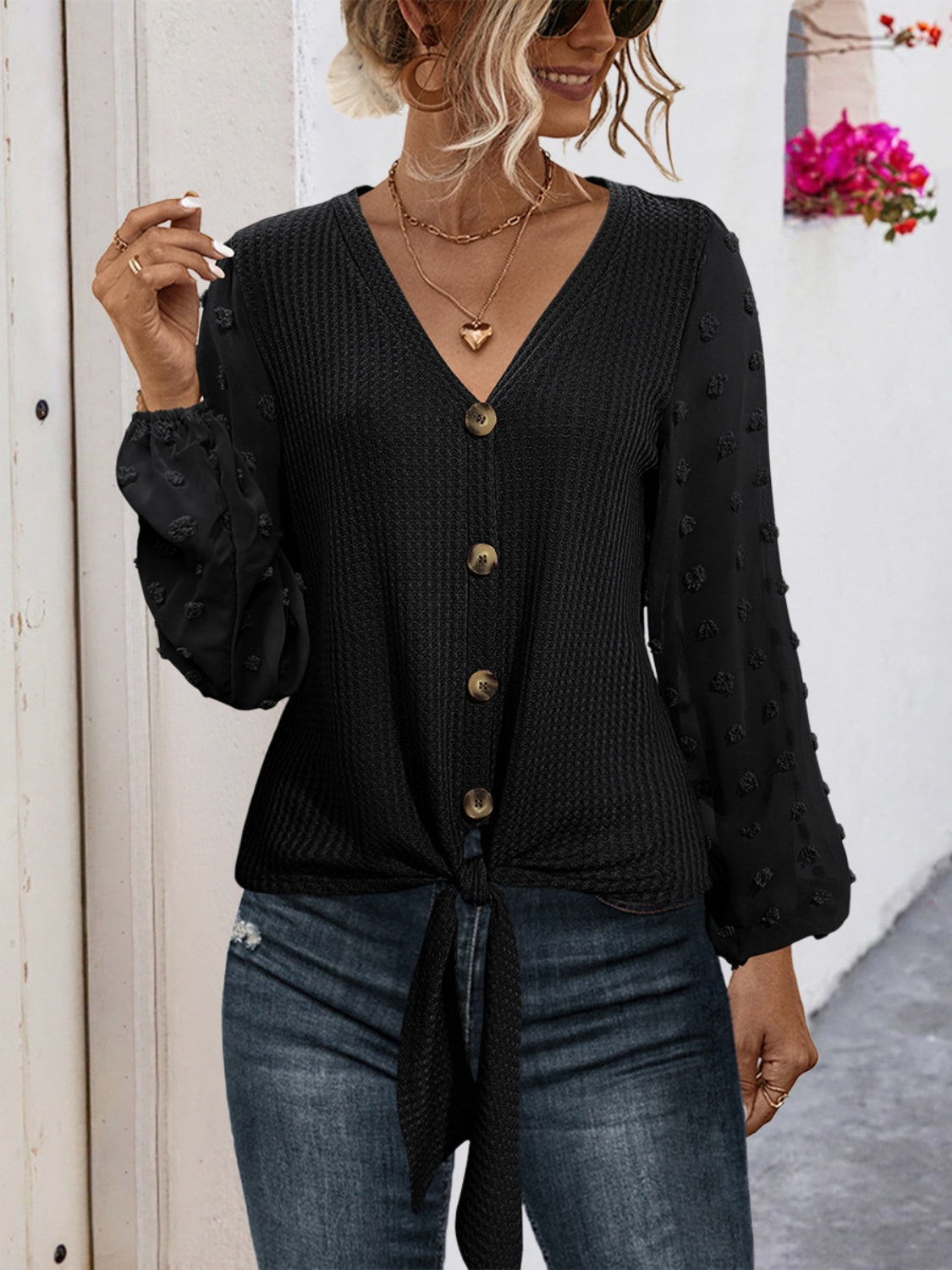 Tied Swiss Dot V-Neck Long Sleeve Blouse Trendsi