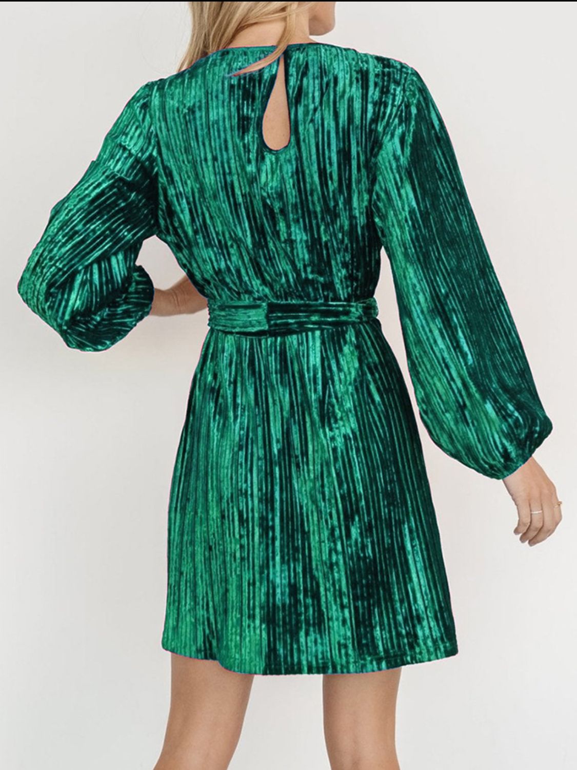 Velvet Round Neck Tie Waist Long Sleeve Mini Dress Trendsi