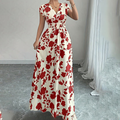 Women's Wrap V Neck Short Sleeve Empire Elastic Waist Summer Casual Elegant Maxi Long Dresses Aclosy
