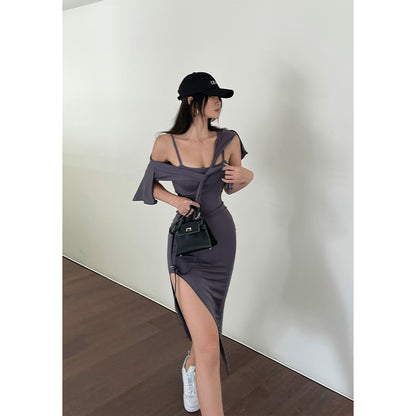 Black Word-neck Suspender Dress With Feminine Waist aclosy