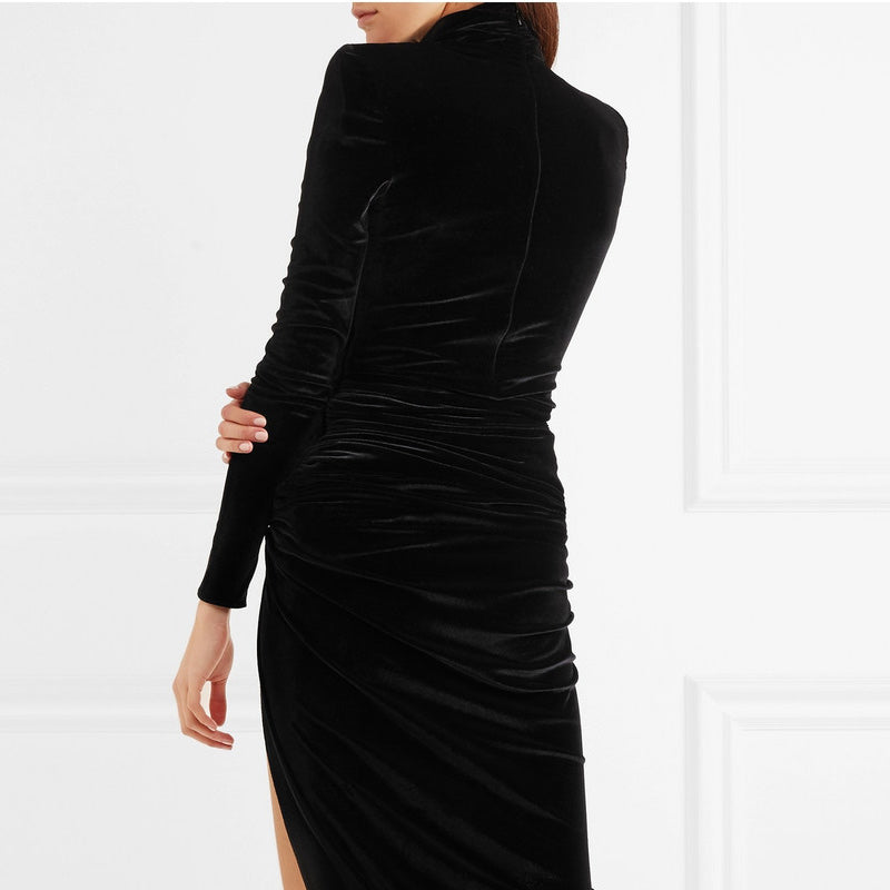 French Style High-Neck Elegant Retro Velvet Evening Dress aclosy
