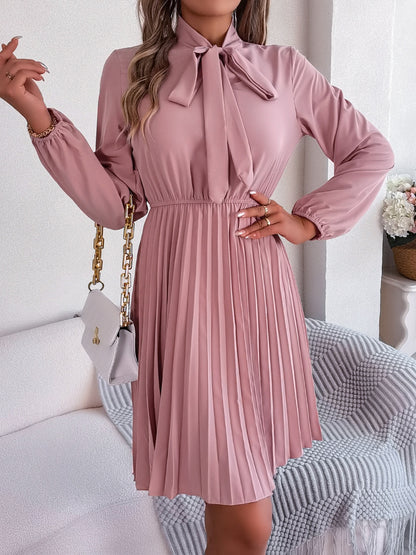 Tie Neck Balloon Sleeve Pleated Dress Trendsi