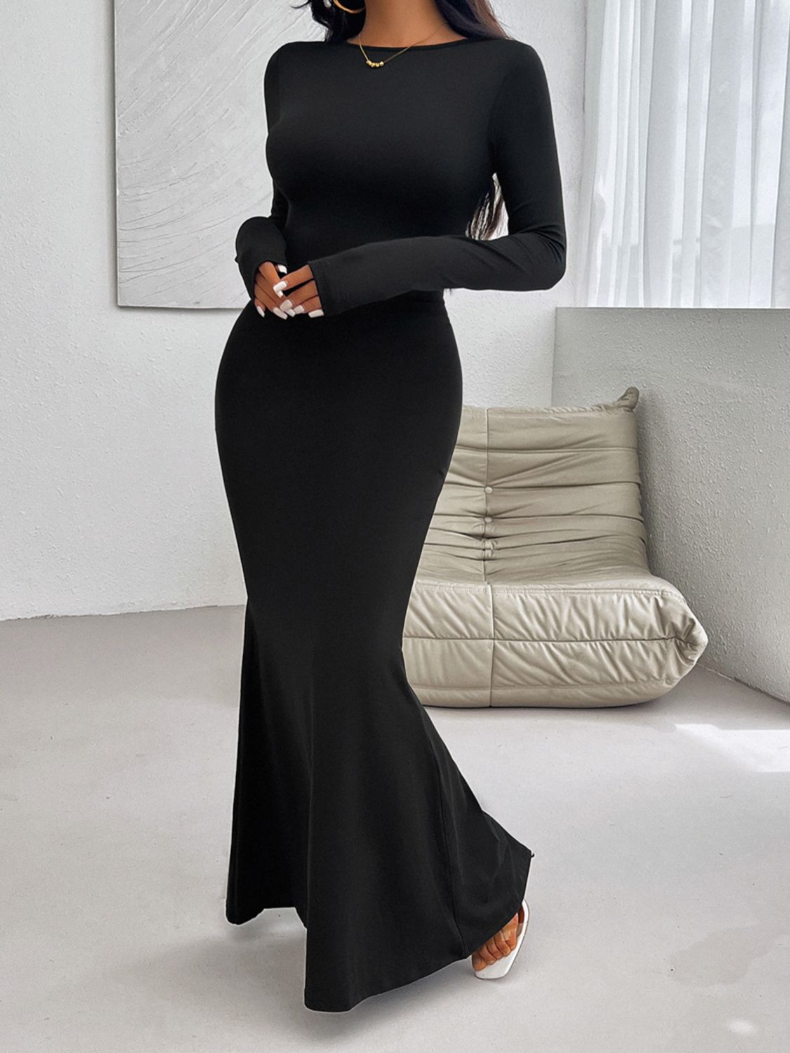 Devine Backless Round Neck Long Sleeve Maxi Dress Trendsi