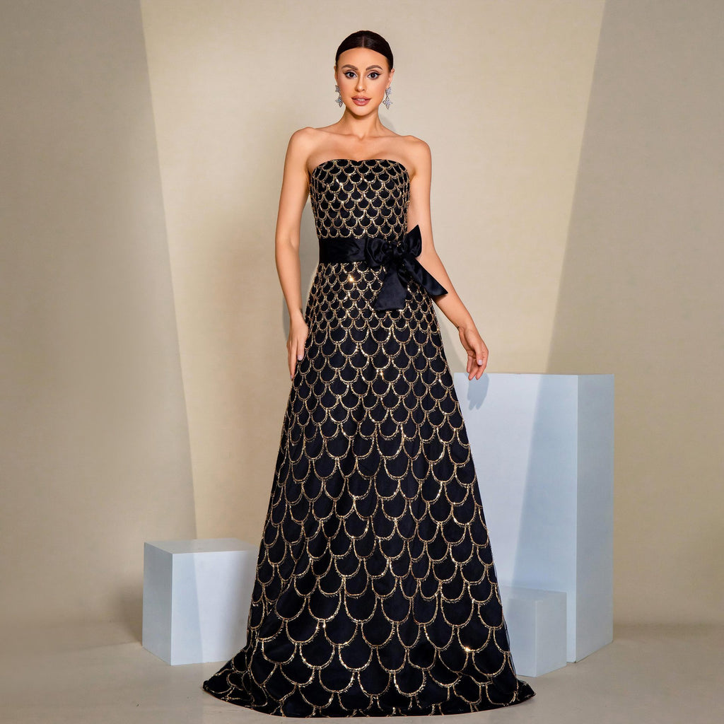 Off-neck Wrapped Chest Nipped-waist Large Swing Sequined Evening Dress aclosy