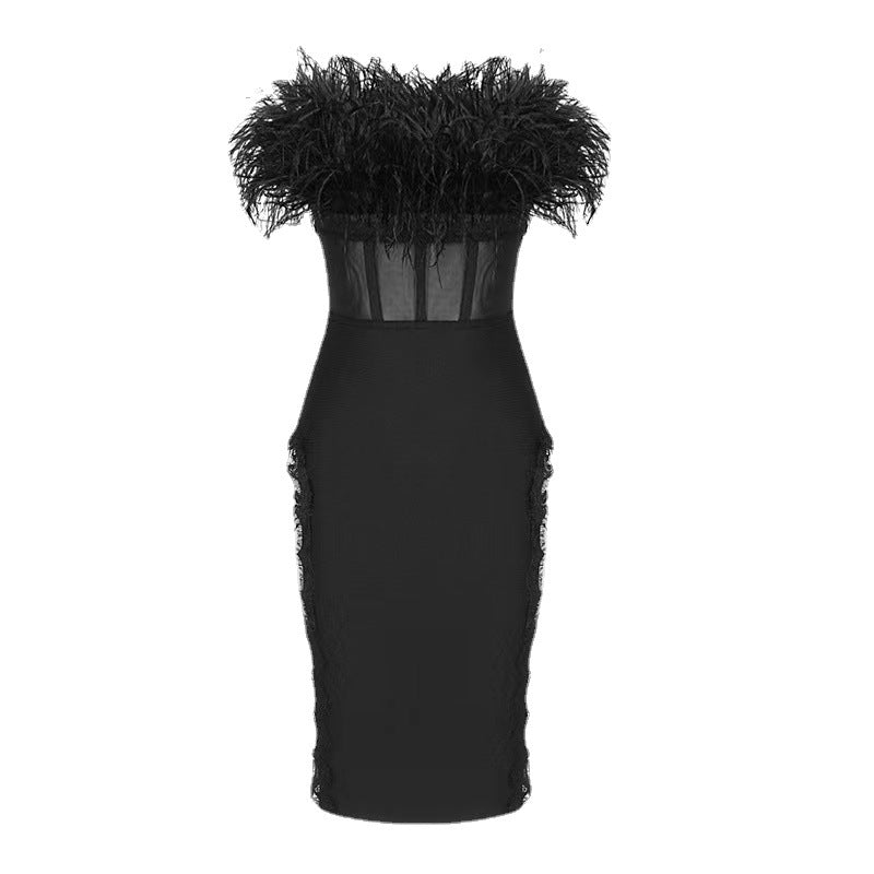 European And American Fashion Sexy Tube Top Ostrich Feather Mesh Lace Bandage One-piece Dress aclosy