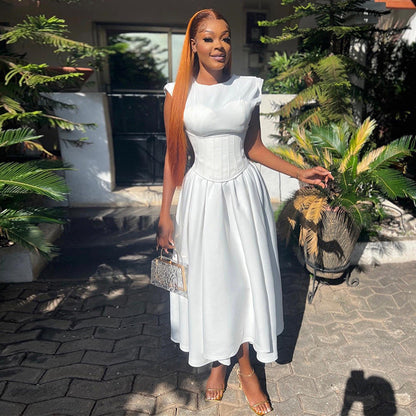 Round Neck Waist Cinched High Waist Fishbone A-line Skirt Aclosy