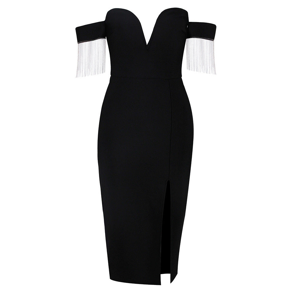 Black Off-shoulder Tube Top Elegant Slim Bandage Dress Hip Skirt For Women aclosy