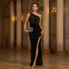 Alana One‑Shoulder Sequined Sheath Slit Maxi Dress