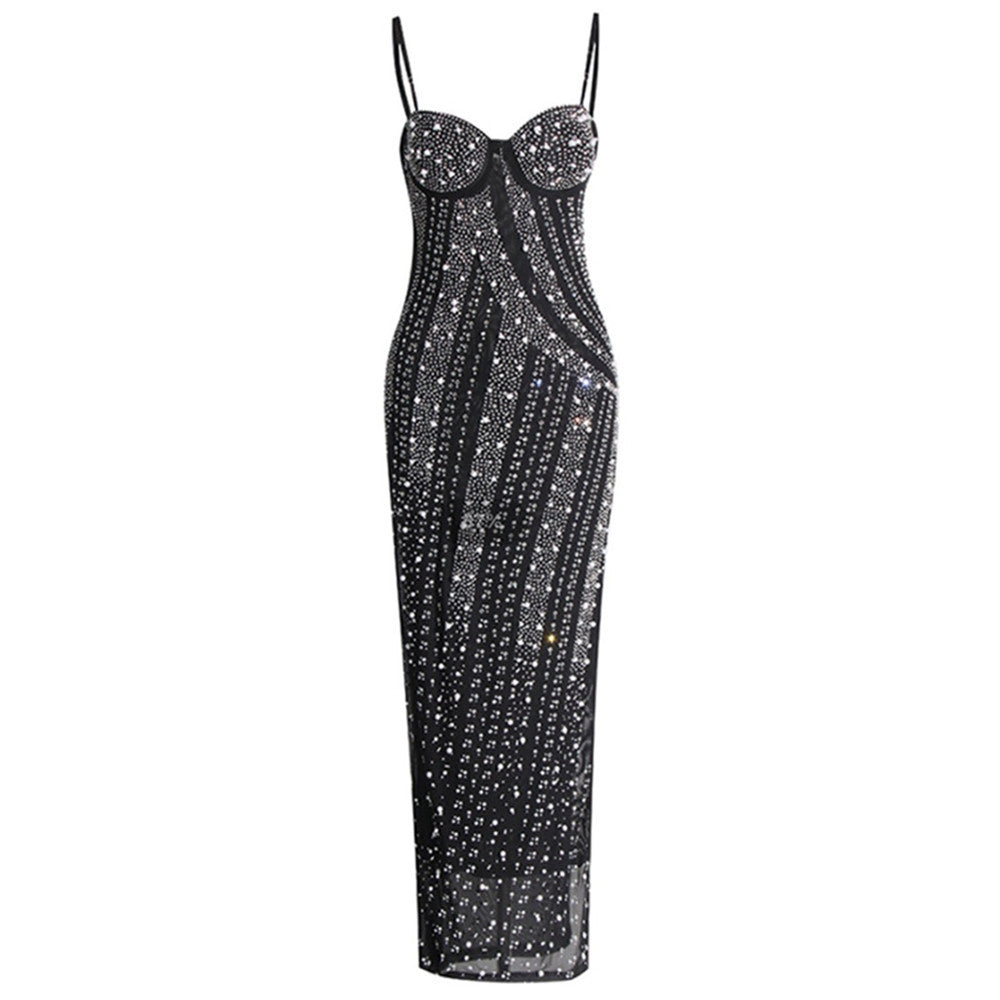 Venika Drill Rhinestone Split Strap Dress