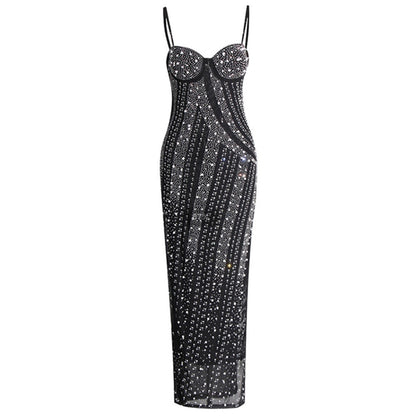 Venika Drill Rhinestone Split Strap Dress